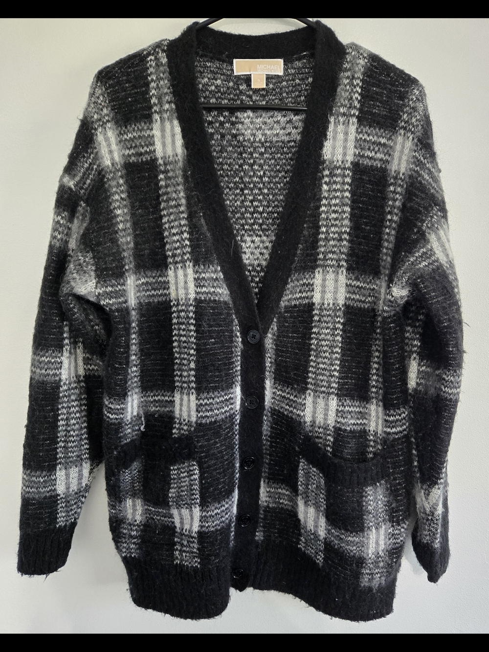 Michael Kors Black & Gray Plaid Mohair-Blend Cardigan
